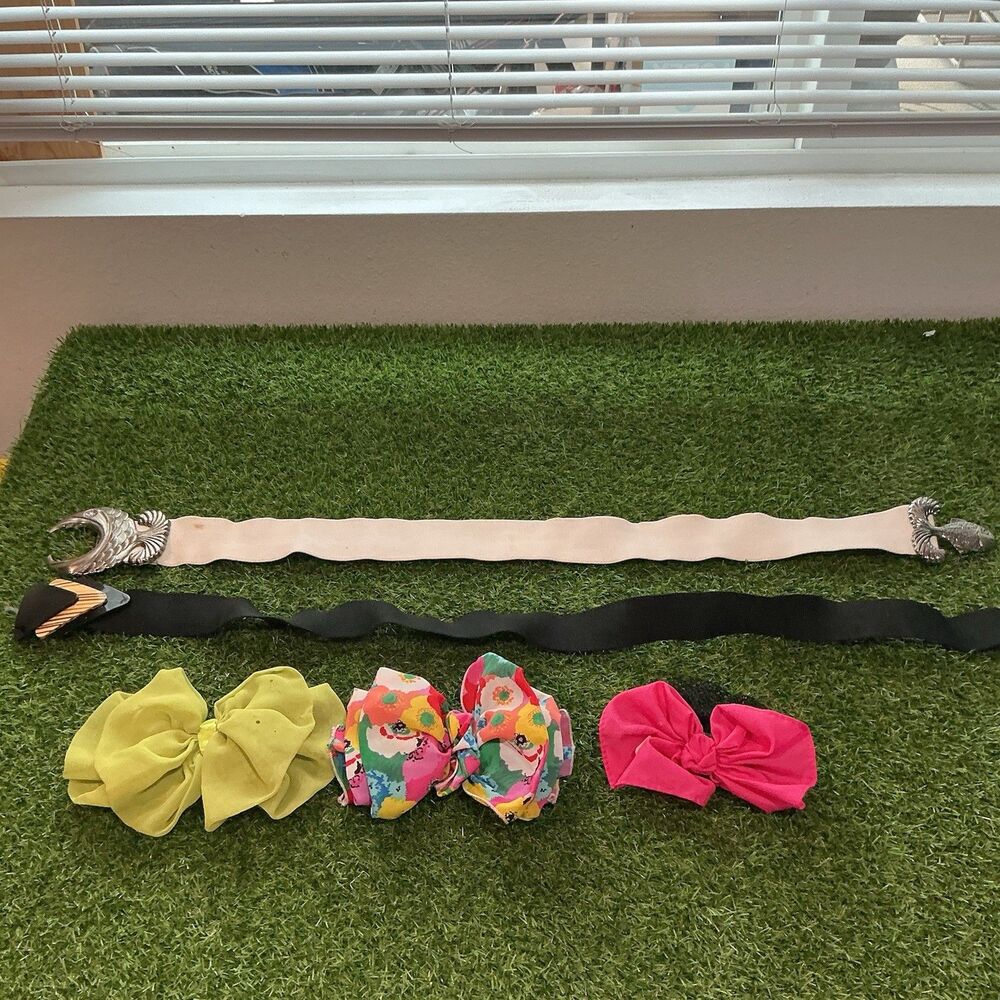 Vintage Belt & Hair Bow Accessories Lot Fish Buckle Black Geometric 5 Piece